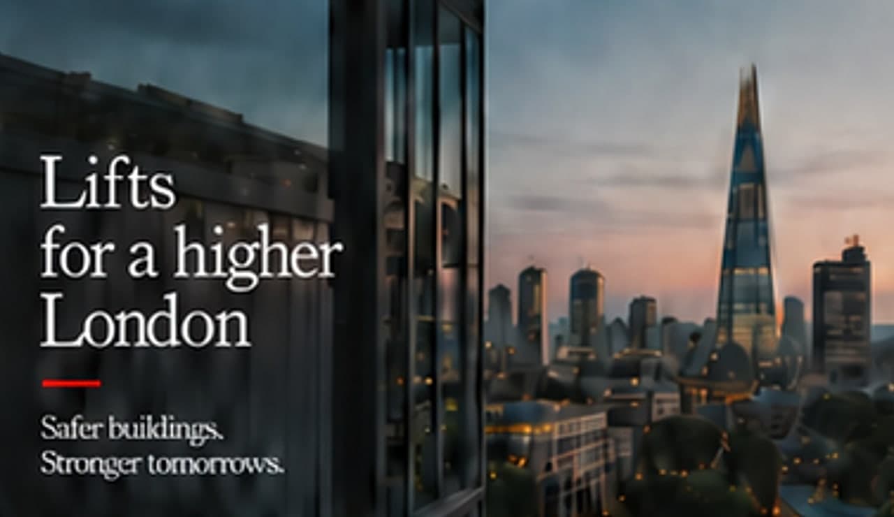 Group LK website concept: a dark hero reading ‘Lifts for a higher London’ over the London skyline